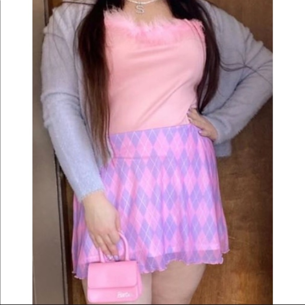 3-pc purple cardigan, pink tank, pink plaid skirt